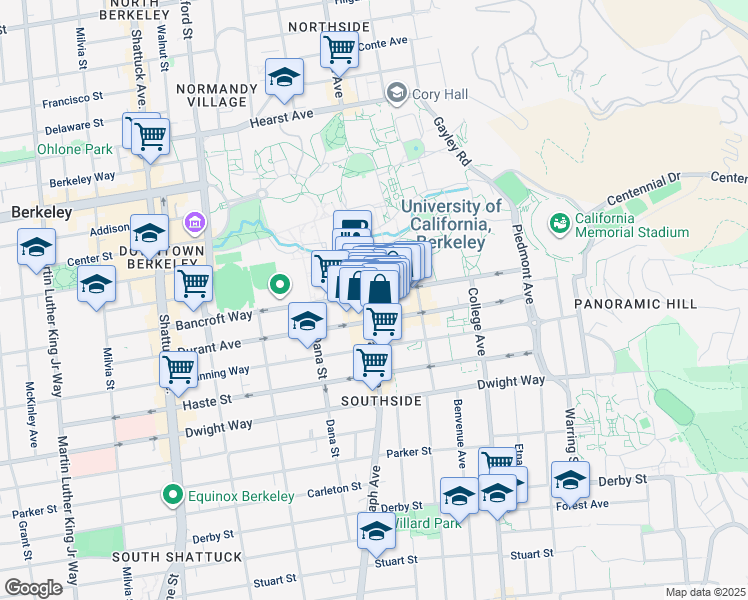 map of restaurants, bars, coffee shops, grocery stores, and more near 2510 Bancroft Way in Berkeley