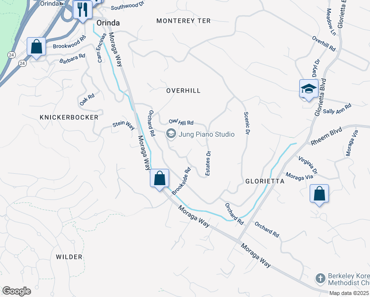 map of restaurants, bars, coffee shops, grocery stores, and more near 6 Estates Court in Orinda