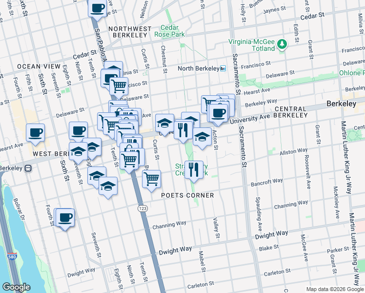 map of restaurants, bars, coffee shops, grocery stores, and more near 1250 Addison Street in Berkeley