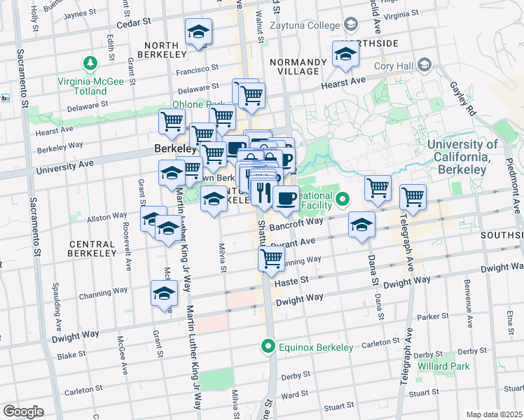 map of restaurants, bars, coffee shops, grocery stores, and more near 2110 Kittredge St in Berkeley