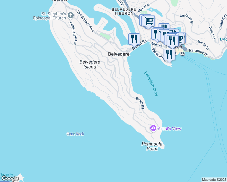 map of restaurants, bars, coffee shops, grocery stores, and more near 215 Golden Gate Avenue in Belvedere Tiburon