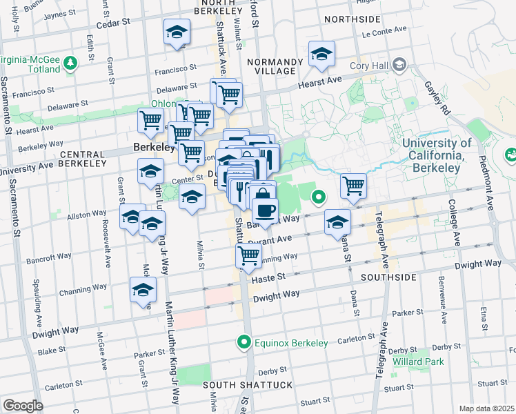 map of restaurants, bars, coffee shops, grocery stores, and more near 2240 Oxford Street in Berkeley