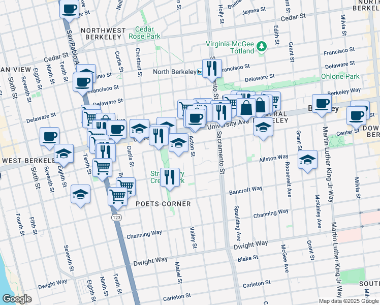 map of restaurants, bars, coffee shops, grocery stores, and more near 1336 Addison Street in Berkeley