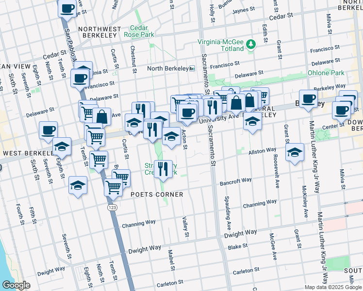map of restaurants, bars, coffee shops, grocery stores, and more near 1336 Addison Street in Berkeley