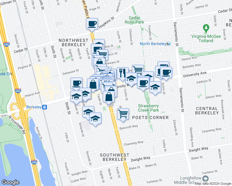 map of restaurants, bars, coffee shops, grocery stores, and more near 1140 University Avenue in Berkeley