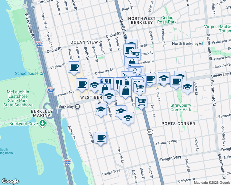 map of restaurants, bars, coffee shops, grocery stores, and more near 975 University Avenue in Berkeley