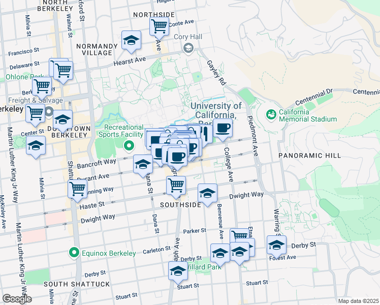 map of restaurants, bars, coffee shops, grocery stores, and more near 176 Hearst Avenue in Berkeley
