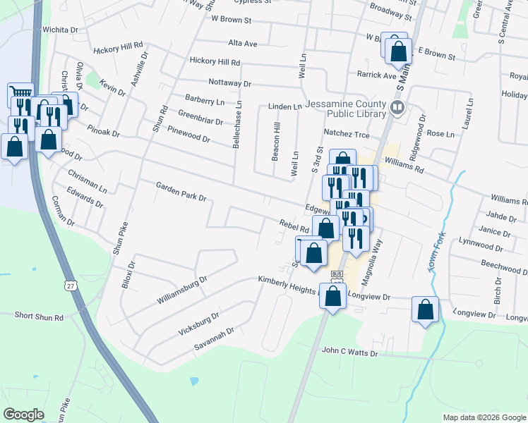 map of restaurants, bars, coffee shops, grocery stores, and more near 314 Edgewood Drive in Nicholasville