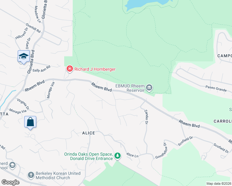 map of restaurants, bars, coffee shops, grocery stores, and more near 1 Calvin Drive in Orinda