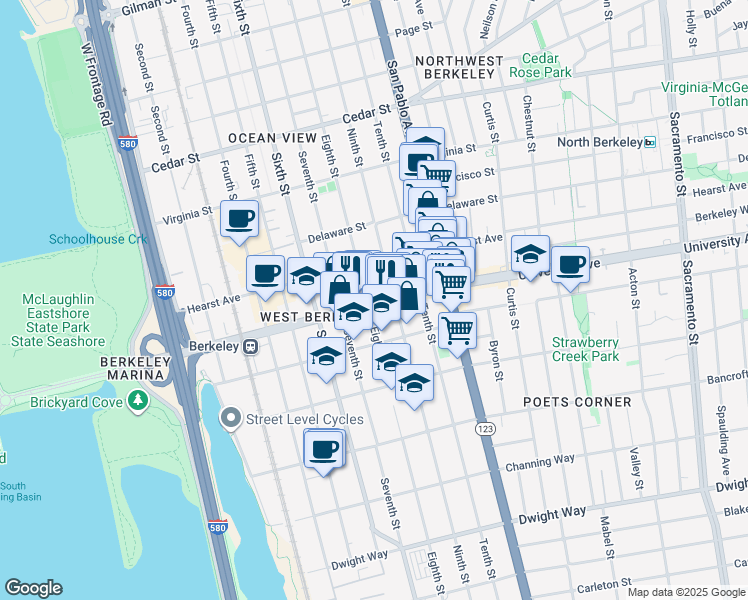 map of restaurants, bars, coffee shops, grocery stores, and more near 975 University Avenue in Berkeley