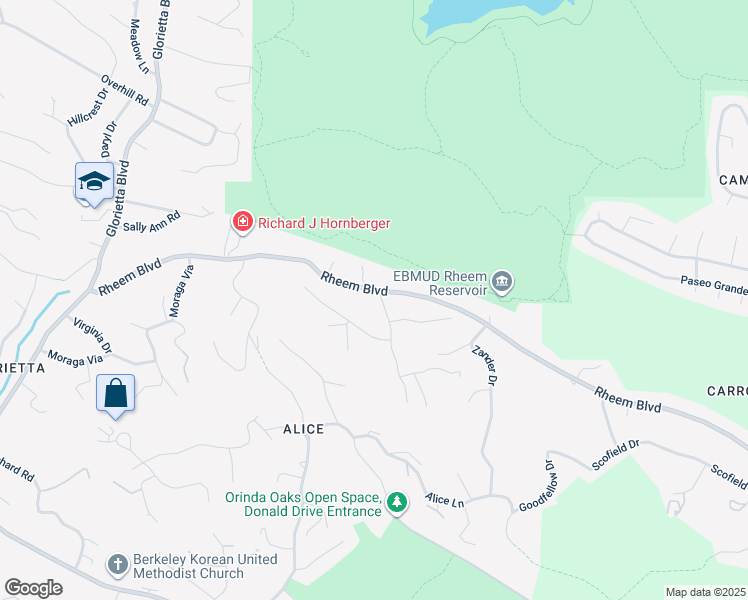 map of restaurants, bars, coffee shops, grocery stores, and more near 2 Calvin Drive in Orinda