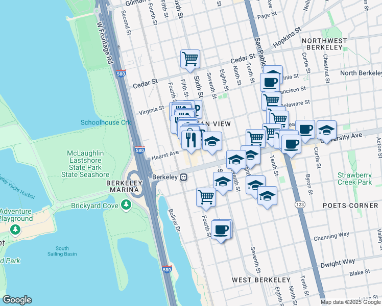 map of restaurants, bars, coffee shops, grocery stores, and more near 760 Hearst Avenue in Berkeley