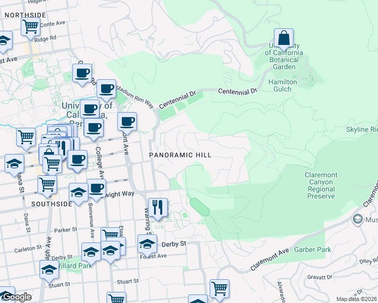 map of restaurants, bars, coffee shops, grocery stores, and more near 161 Panoramic Way in Berkeley