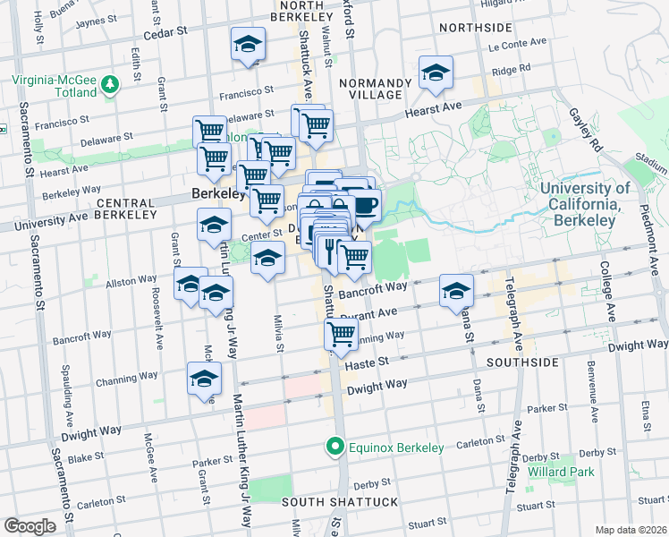 map of restaurants, bars, coffee shops, grocery stores, and more near 2208 Shattuck Avenue in Berkeley