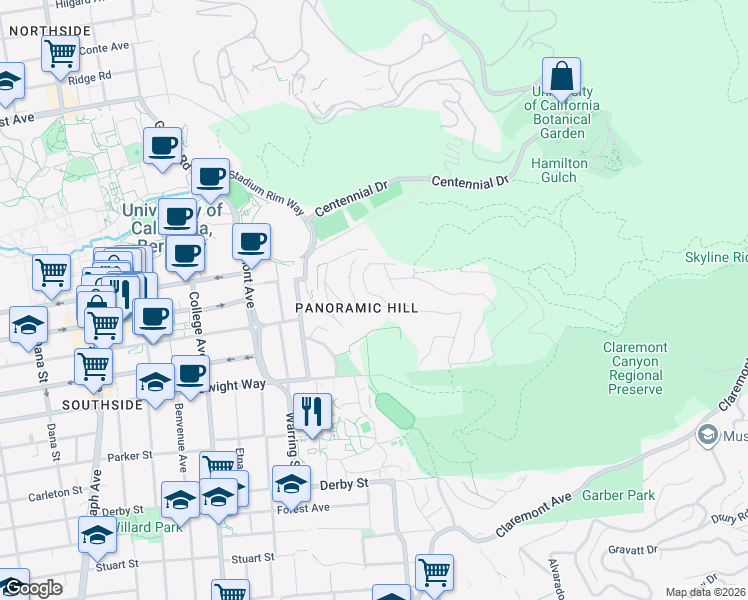 map of restaurants, bars, coffee shops, grocery stores, and more near 161 Panoramic Way in Berkeley