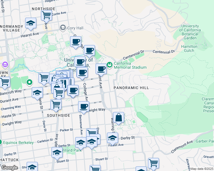 map of restaurants, bars, coffee shops, grocery stores, and more near 2300 Warring Street in Berkeley