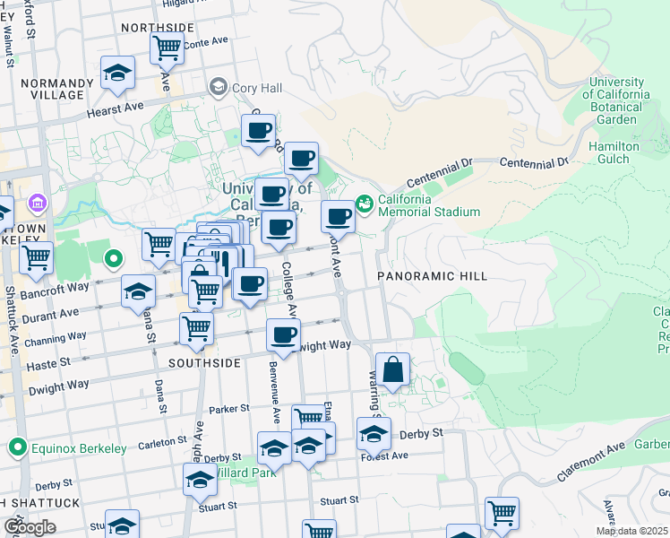 map of restaurants, bars, coffee shops, grocery stores, and more near 2300 Warring Street in Berkeley