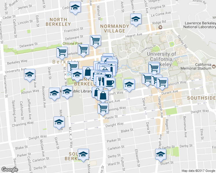 map of restaurants, bars, coffee shops, grocery stores, and more near 2240 Oxford Street in Berkeley