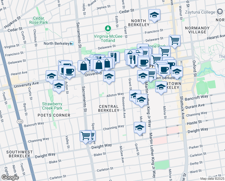 map of restaurants, bars, coffee shops, grocery stores, and more near 2127 McGee Avenue in Berkeley