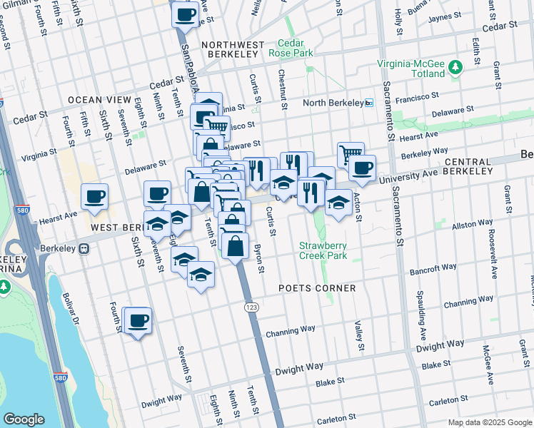 map of restaurants, bars, coffee shops, grocery stores, and more near 2100 Browning Street in Berkeley