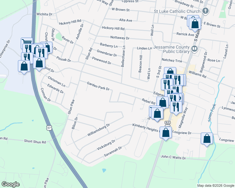 map of restaurants, bars, coffee shops, grocery stores, and more near 318 Garden Park Drive in Nicholasville