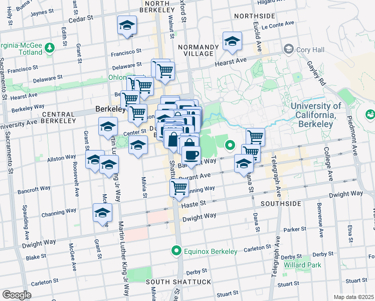 map of restaurants, bars, coffee shops, grocery stores, and more near 2175 Kittredge Street in Berkeley