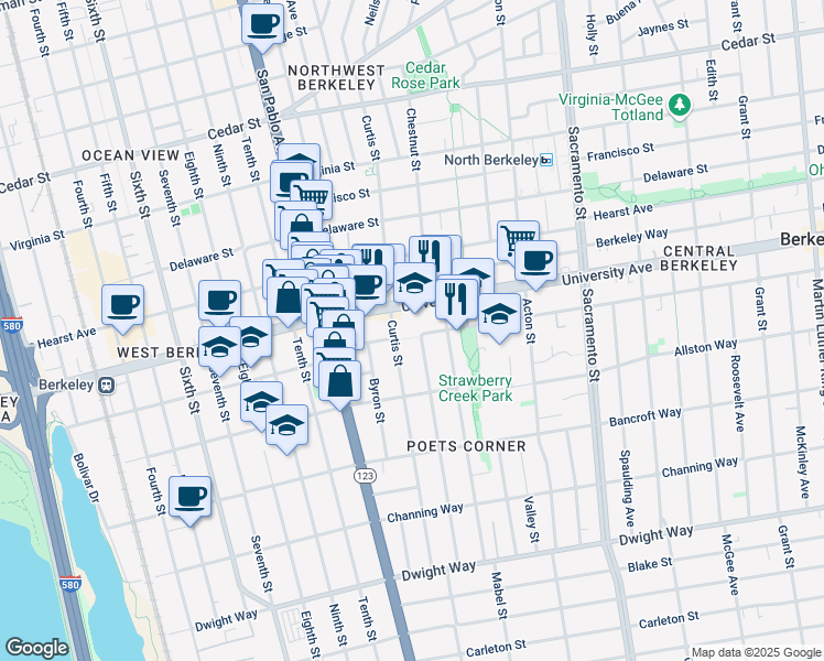 map of restaurants, bars, coffee shops, grocery stores, and more near 2100 Browning Street in Berkeley
