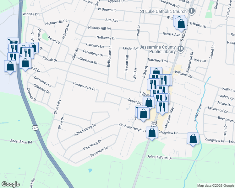 map of restaurants, bars, coffee shops, grocery stores, and more near 314 Edgewood Drive in Nicholasville