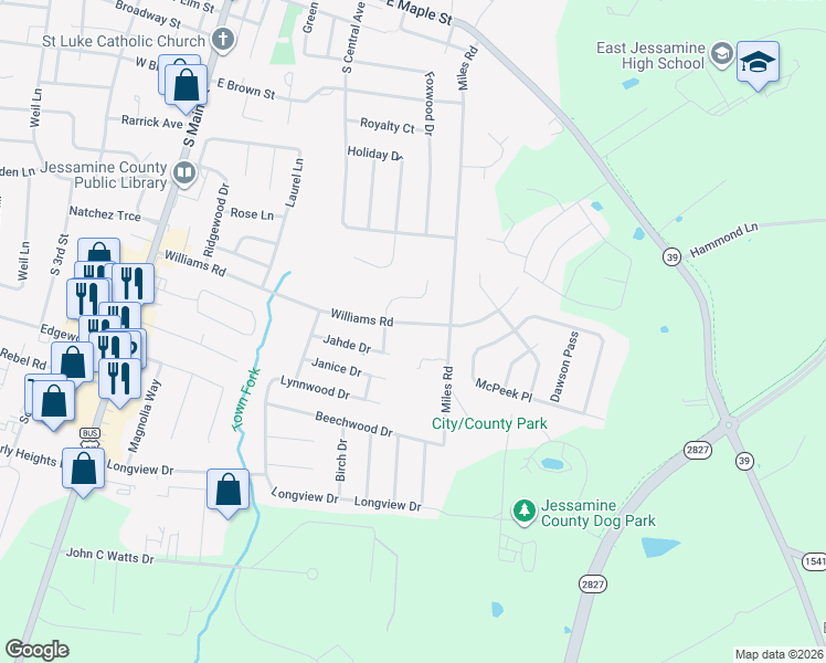map of restaurants, bars, coffee shops, grocery stores, and more near 604 Williams Road in Nicholasville