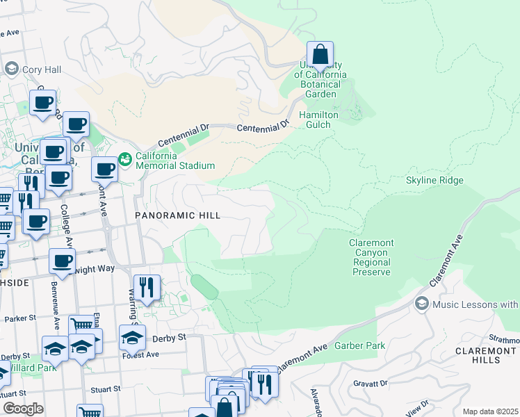 map of restaurants, bars, coffee shops, grocery stores, and more near 528 Panoramic Way in Berkeley