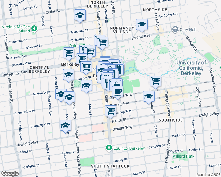map of restaurants, bars, coffee shops, grocery stores, and more near 2240 Oxford Street in Berkeley