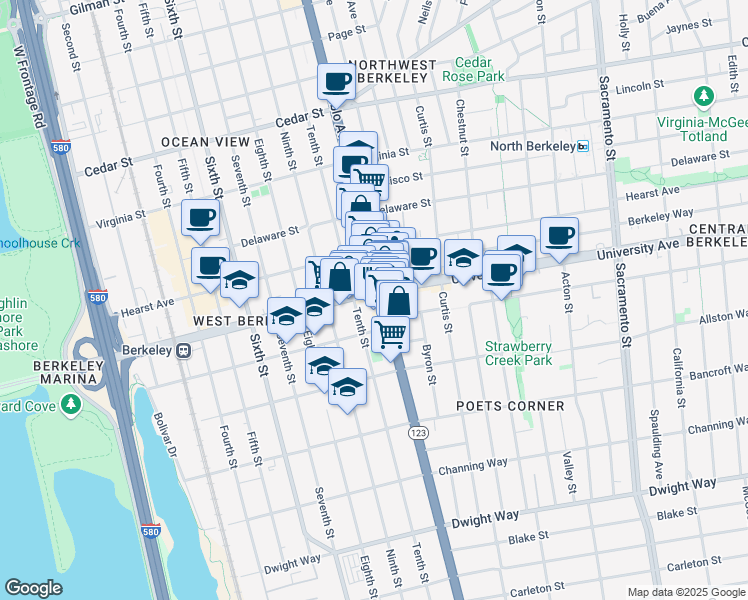 map of restaurants, bars, coffee shops, grocery stores, and more near 2001 California 123 in Berkeley