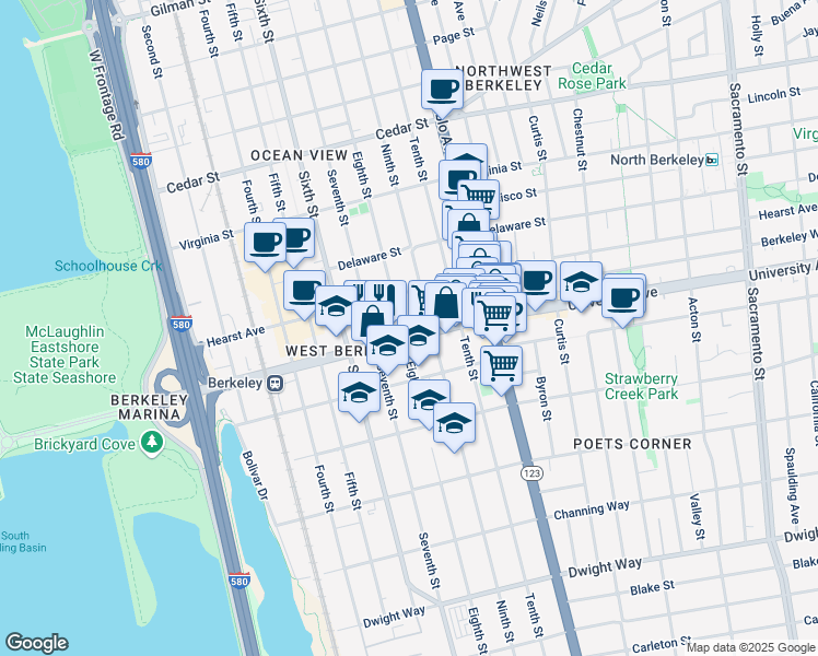 map of restaurants, bars, coffee shops, grocery stores, and more near 975 University Avenue in Berkeley