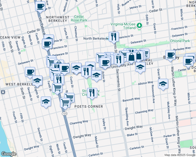 map of restaurants, bars, coffee shops, grocery stores, and more near 1336 Addison Street in Berkeley