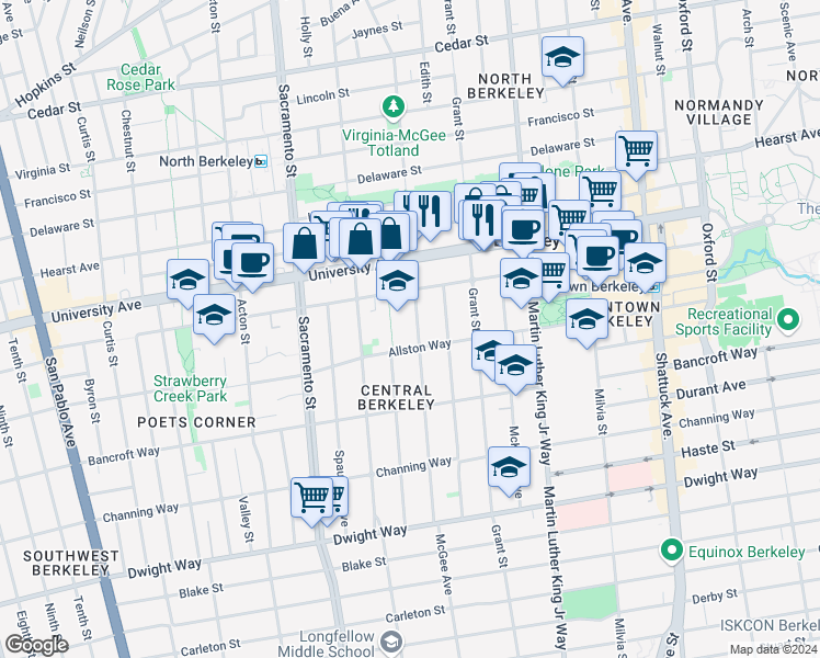 map of restaurants, bars, coffee shops, grocery stores, and more near 2127 McGee Avenue in Berkeley
