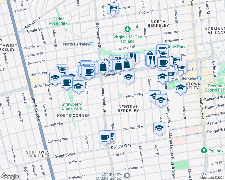 map of restaurants, bars, coffee shops, grocery stores, and more near 2118 California Street in Berkeley