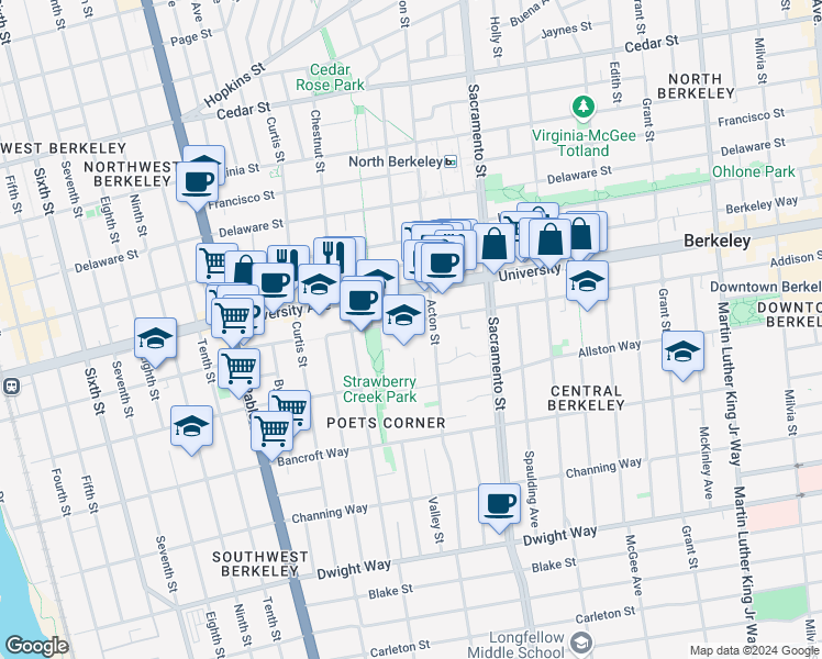 map of restaurants, bars, coffee shops, grocery stores, and more near 1336 Addison Street in Berkeley