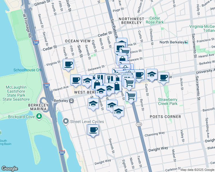 map of restaurants, bars, coffee shops, grocery stores, and more near 975 University Avenue in Berkeley
