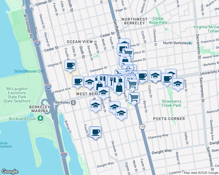 map of restaurants, bars, coffee shops, grocery stores, and more near 975 University Avenue in Berkeley
