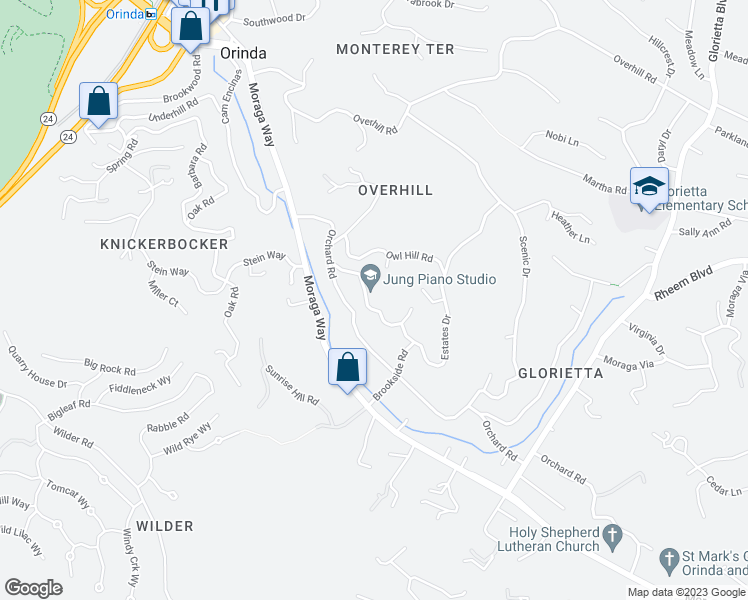 map of restaurants, bars, coffee shops, grocery stores, and more near 19 Estates Drive in Orinda