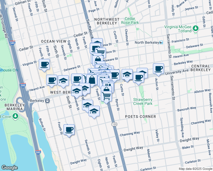 map of restaurants, bars, coffee shops, grocery stores, and more near 2001 California 123 in Berkeley