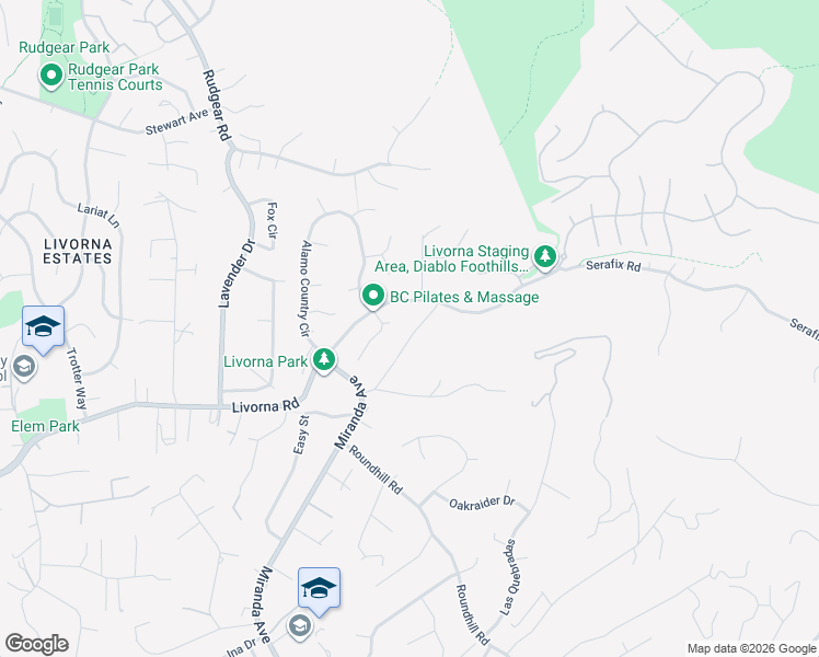 map of restaurants, bars, coffee shops, grocery stores, and more near 320 Miranda Lane in Alamo