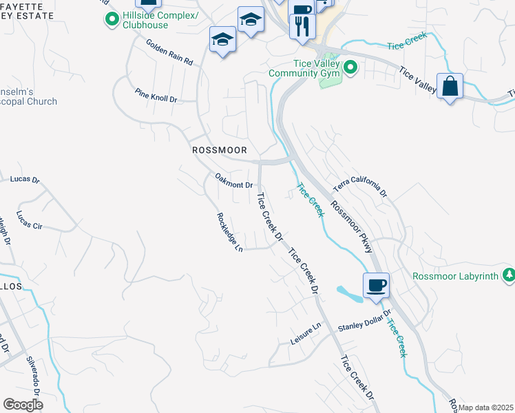 map of restaurants, bars, coffee shops, grocery stores, and more near 2133 Tice Creek Drive in Walnut Creek