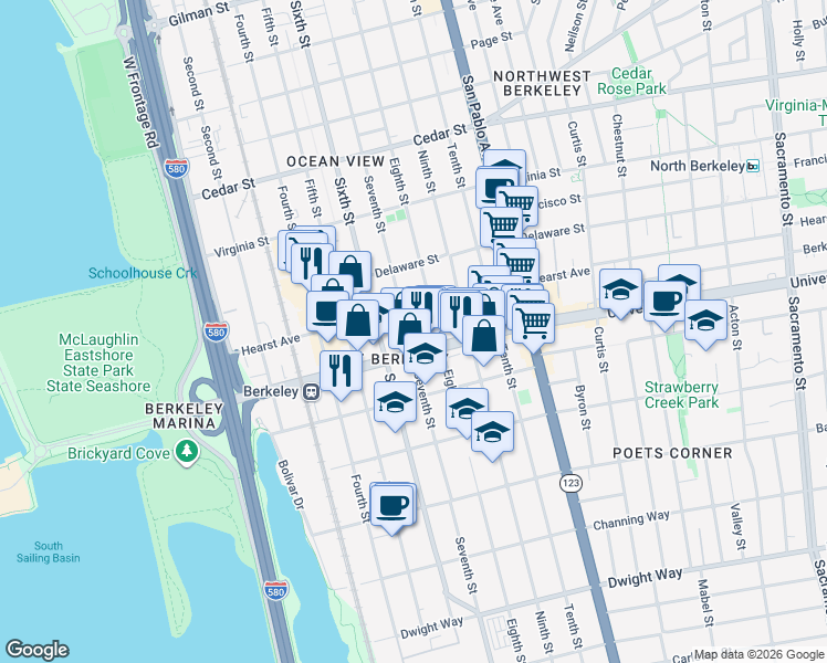 map of restaurants, bars, coffee shops, grocery stores, and more near 1909 Seventh Street in Berkeley