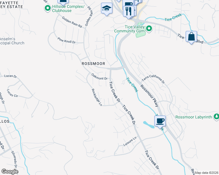 map of restaurants, bars, coffee shops, grocery stores, and more near 2133 Tice Creek Drive in Walnut Creek