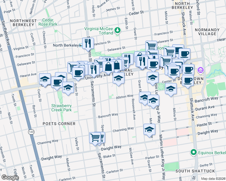 map of restaurants, bars, coffee shops, grocery stores, and more near 2112 Jefferson Avenue in Berkeley