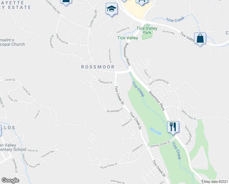 map of restaurants, bars, coffee shops, grocery stores, and more near 2125 Tice Creek Drive in Walnut Creek
