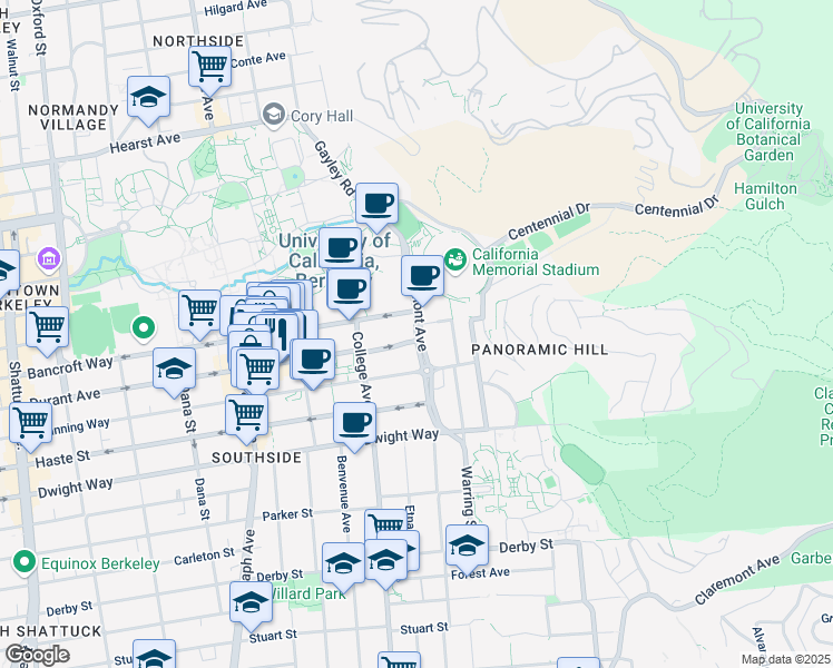 map of restaurants, bars, coffee shops, grocery stores, and more near 2728 Bancroft Way in Berkeley