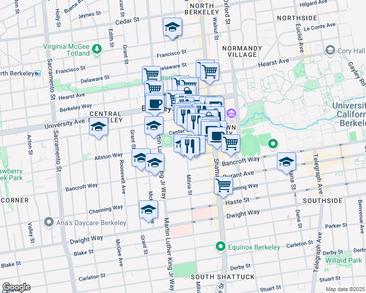 map of restaurants, bars, coffee shops, grocery stores, and more near in Berkeley