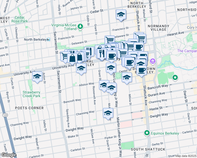 map of restaurants, bars, coffee shops, grocery stores, and more near 2132 Grant Street in Berkeley